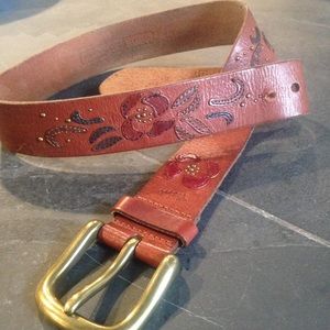 Fossil flower appliqué brown leather belt (small)